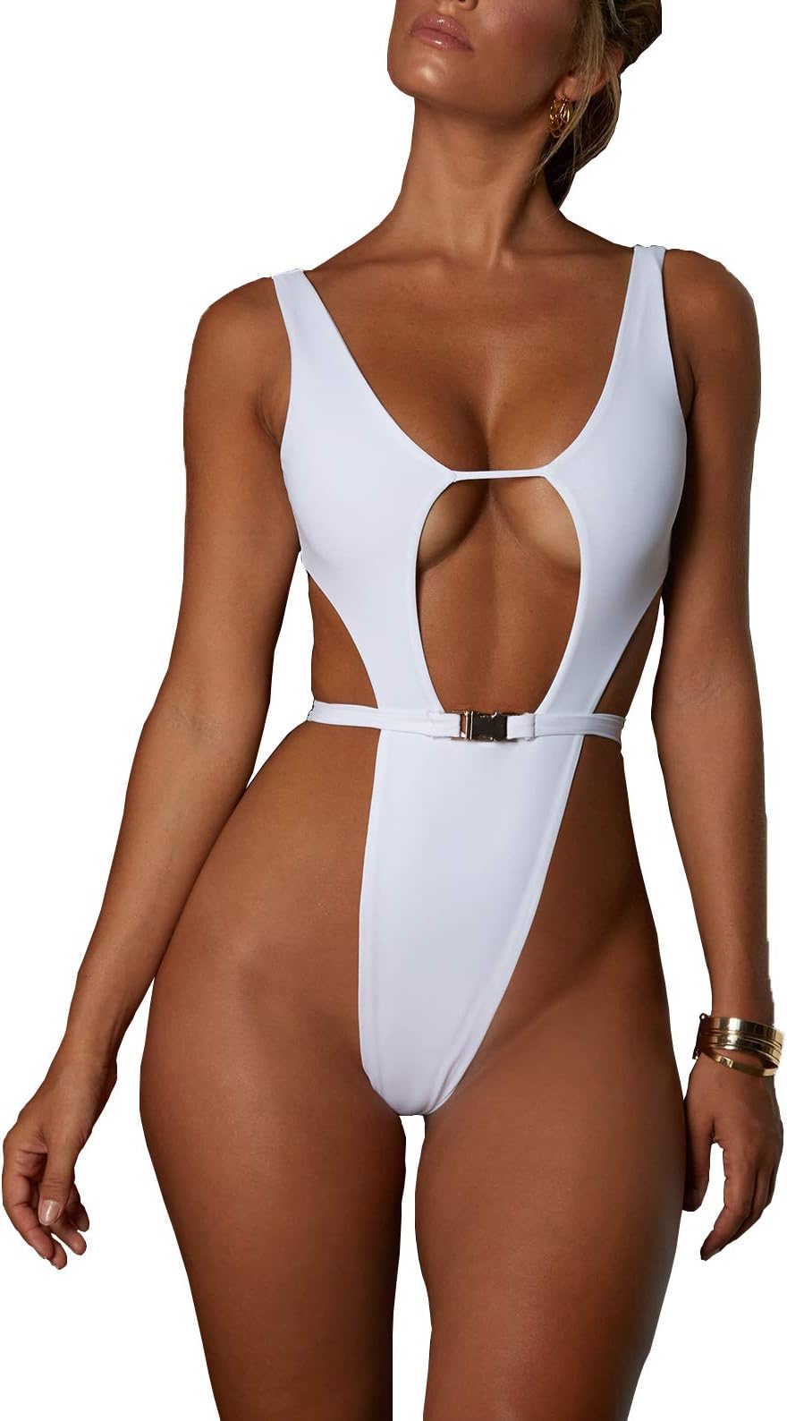 Women Sexy Halter One-Piece Swimsuit Buckle High Waisted Retro Bathing Bikini Suit
