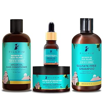 Pilgrim Complete Hair Care Set | Argan Oil 15ml, Hair Mask 200gm, Sulphate Free Shampoo 200ml, Conditioner 200ml | For Healthy Shiny Hair | All Hair Types | Silicone & Paraben Free | For Men & Women