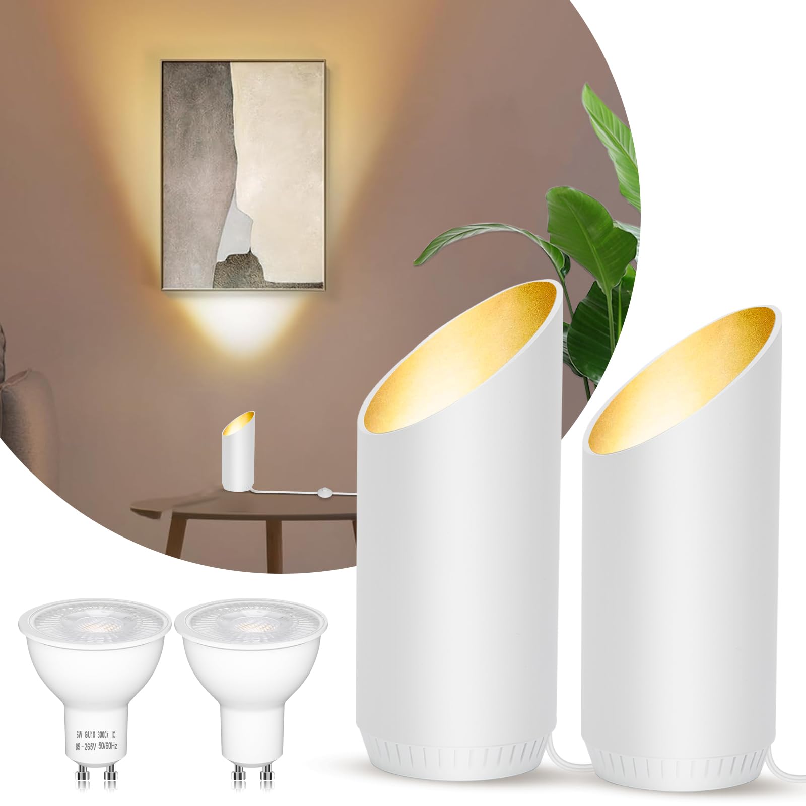 HUAEU LED Bodenstrahler – 6W Uplight Spot für Innenräume, Schwarz, Warmweiß 3000K, inkl. GU10 LED Lampen 500LM, Bodenleuchte mit Fußschalter (Weiß, 2 Packung)