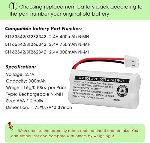 Miniatura 3 de iMah BT162342BT262342 2.4V 300mAh Ni-MH Paquete de batería inalámbrica para teléfono, también compatible con BT183342BT283342 AT&T EL52351 TL90070