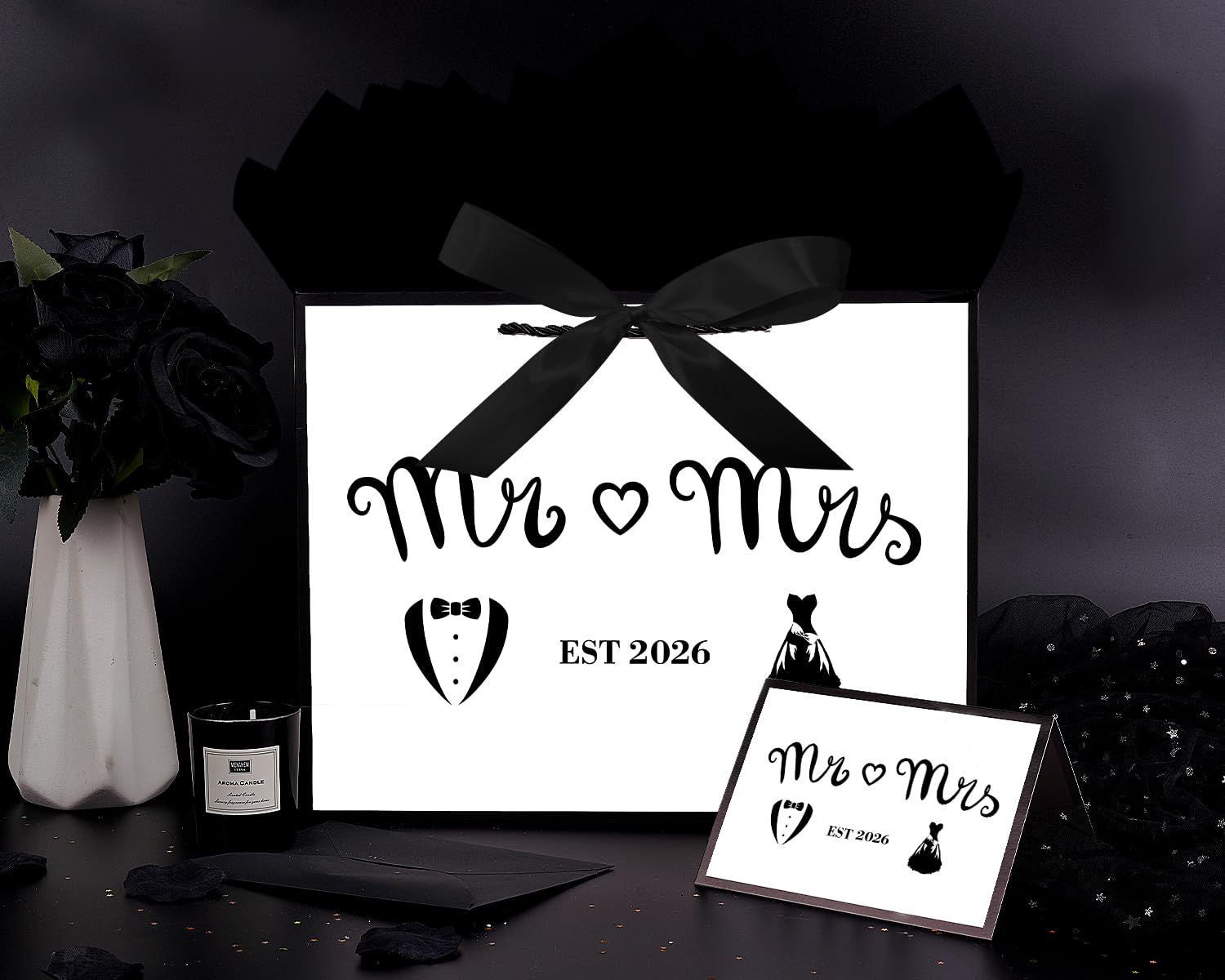 Jaywayang Large EST 2026 Mr & Mrs Wedding Gift Bag with Ribbon and Tissue Paper, 12.6" White and Metallic Black Bridal Shower Gift Bags, Engagement, Wedding Shower Party Favor.