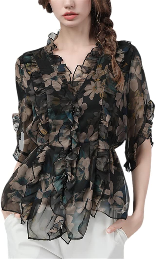 Women Chiffon Floral Print Blouse Elastic Waist Ruffles Tops Vintage Casual Shirt