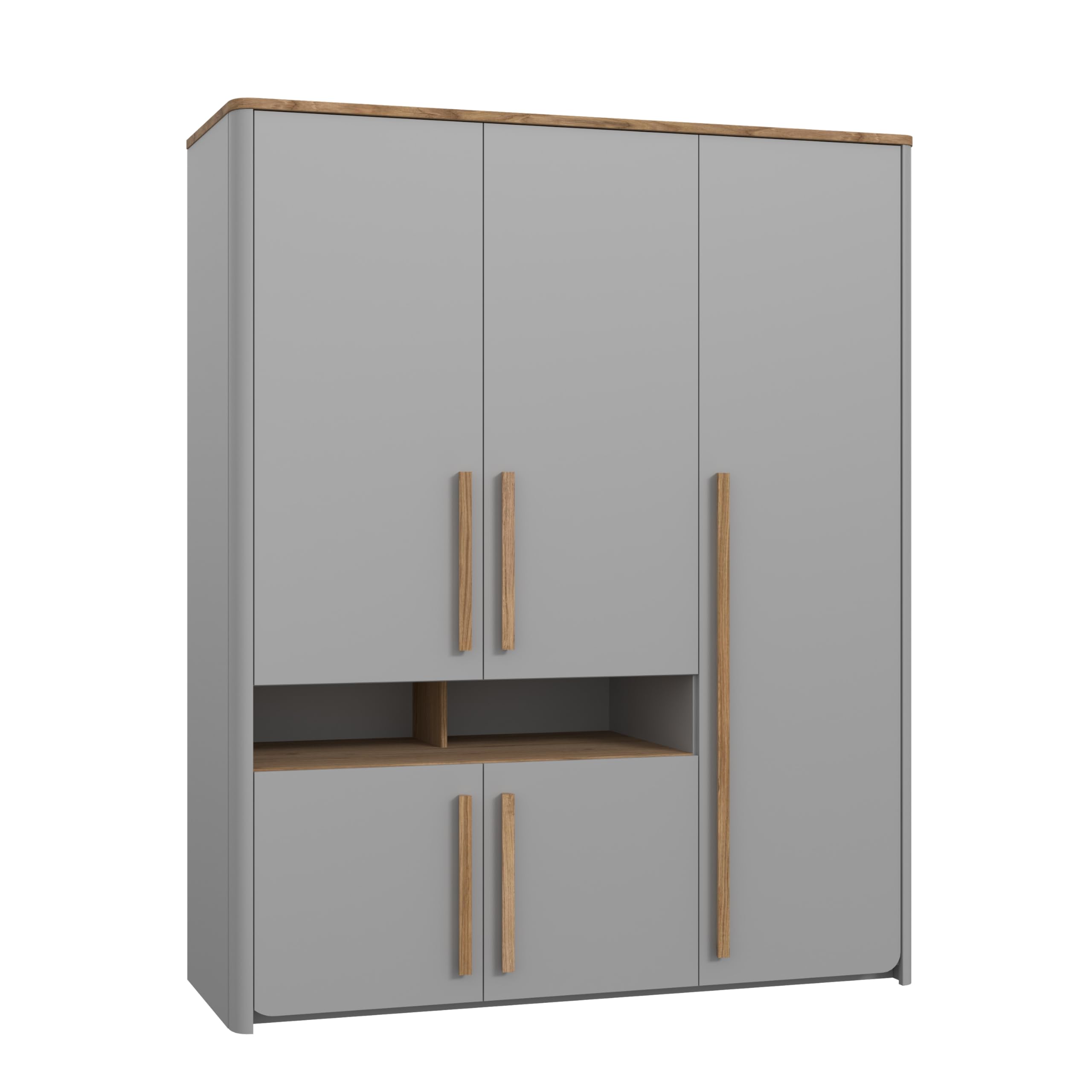 FORTE SURFINIO Schrank 150 160, Kleiderschrank, Jugendzimmerschrank, Kinderzimmer Skandinavisch Drehtürenschrank, 5-türig, Grau/Holzdekor: Catania Eiche, 158 cm breit x 194.3 cm hoch x 59 cm tief
