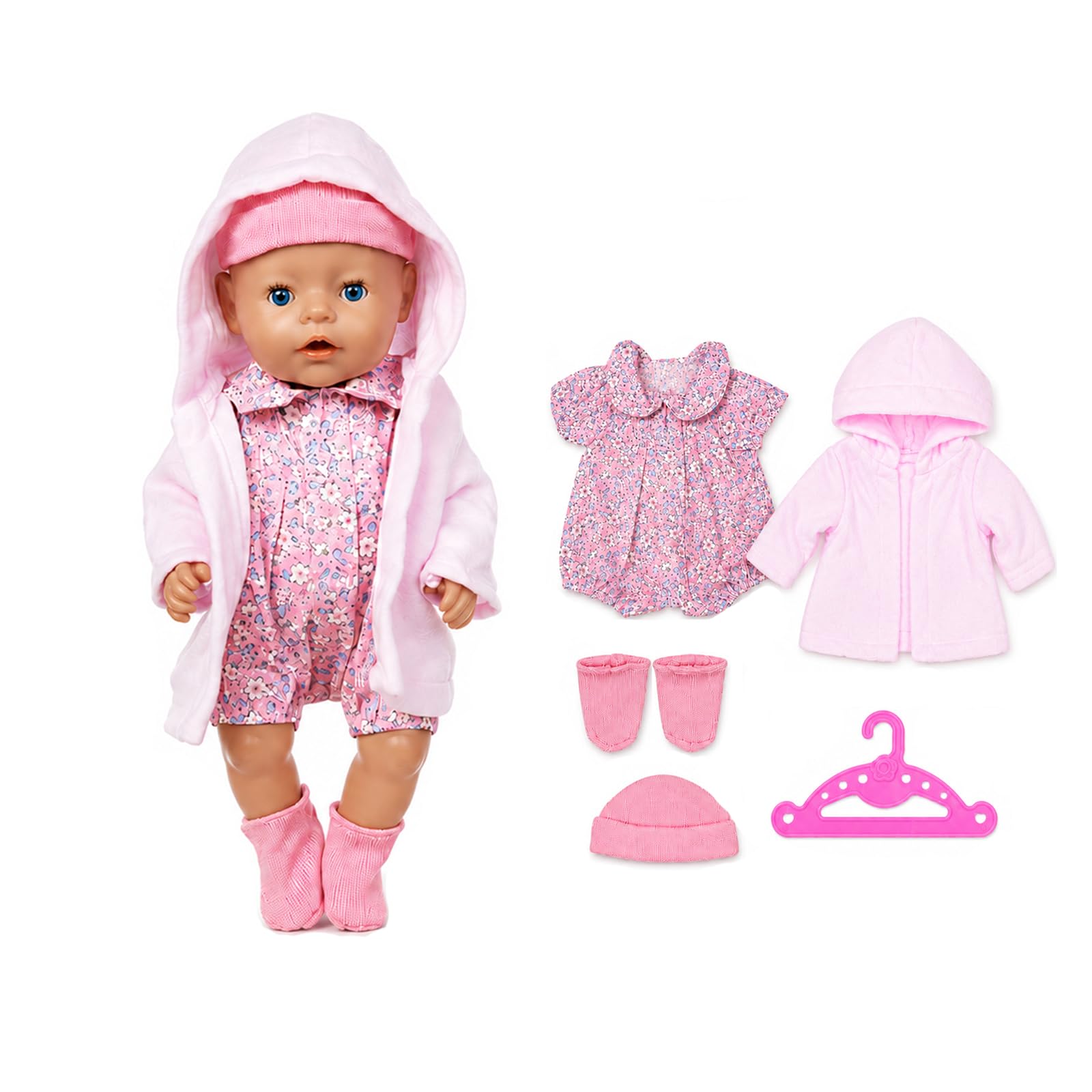 Baby Doll Clothes for 35-43cm Dolls, 4 Pcs Outfit Set for 14-18 Inch Dolls Clothes Icluding Coat, Romper, Hat, Socks & Hanger for Girls Boys Gift