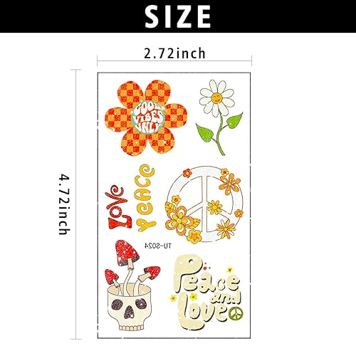 Miniatura 7 de 125 tatuajes temporales de los años 70 con purpurina hippie, tatuajes falsos de flores, mariposas, amor, paz, tatuajes impermeables para mujeres,