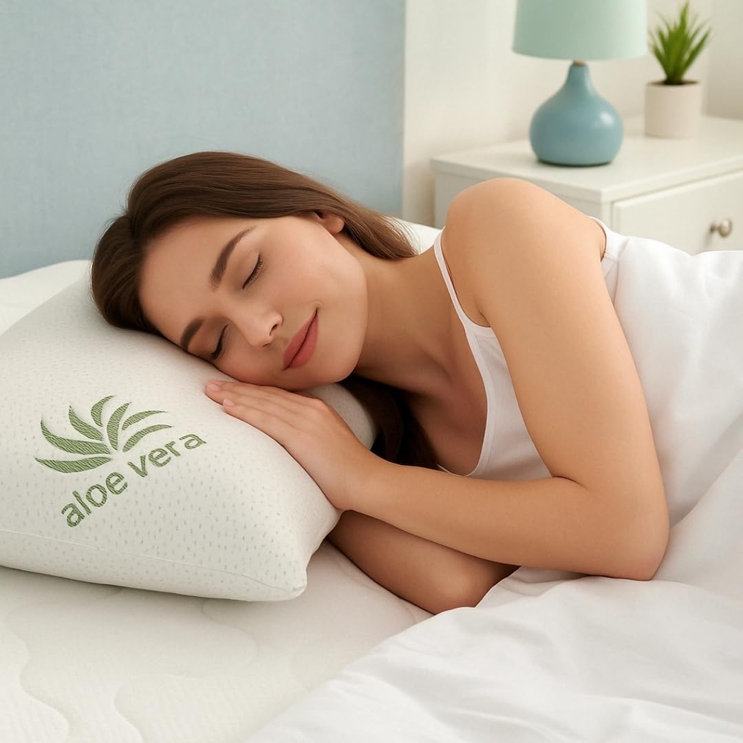 Aloe Vera Memory-Schaum Kopfkissen, Waschbarer Bezug mit Aloe-Vera-Extrakt, Ergonomisch für Kopf und Nacken, Weiß