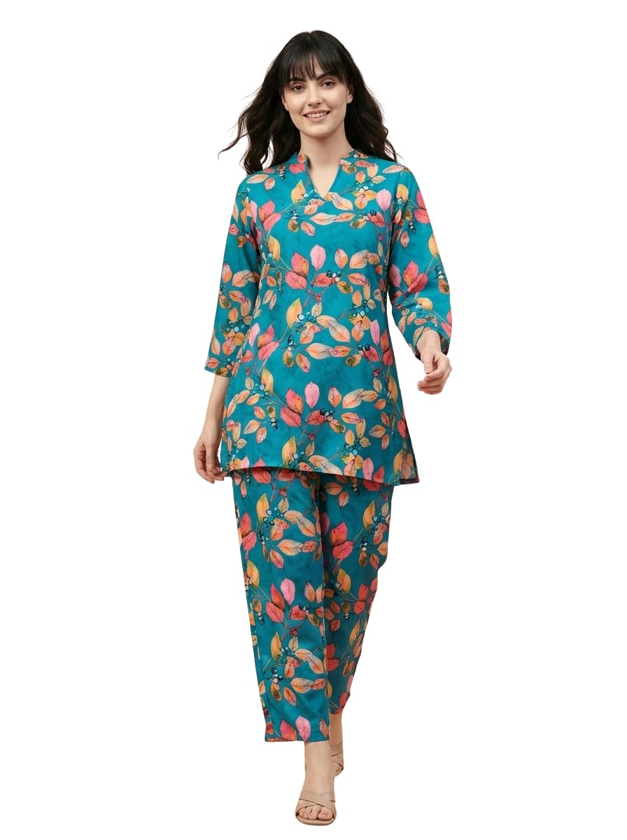 Women's Floral Printed Cotton Blend Cord Set for Women Stylish | V-Neck Tunic with Straight Pants Kurta Set for Woman | Ethnic Co ord Set for Women Party & Festive (S to 3XL)-picture-26