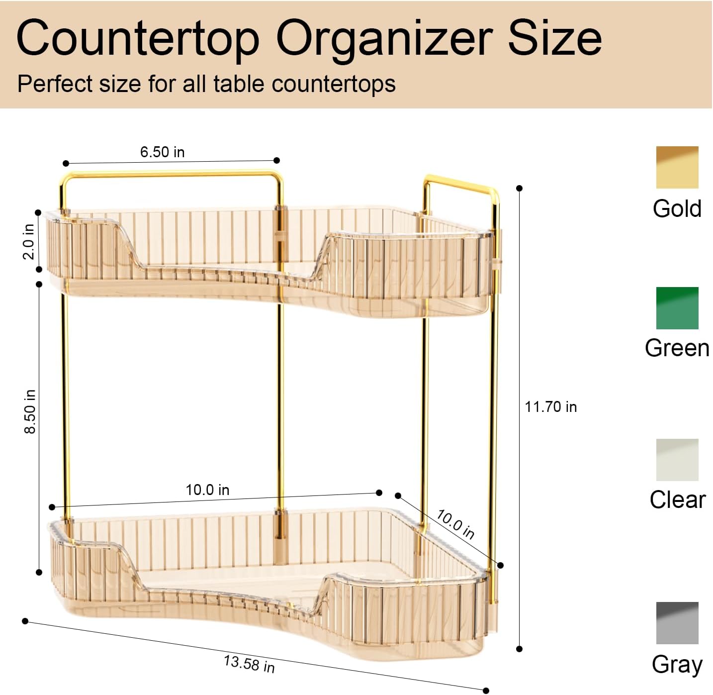GTI 2 Tier Makeup Organizer, Large Capacity Bathroom Counter Organizer, Perfume Cosmetics Skincare Vanity Organizers, Dresser Countertop Organizer and Storage for Women (Amber)