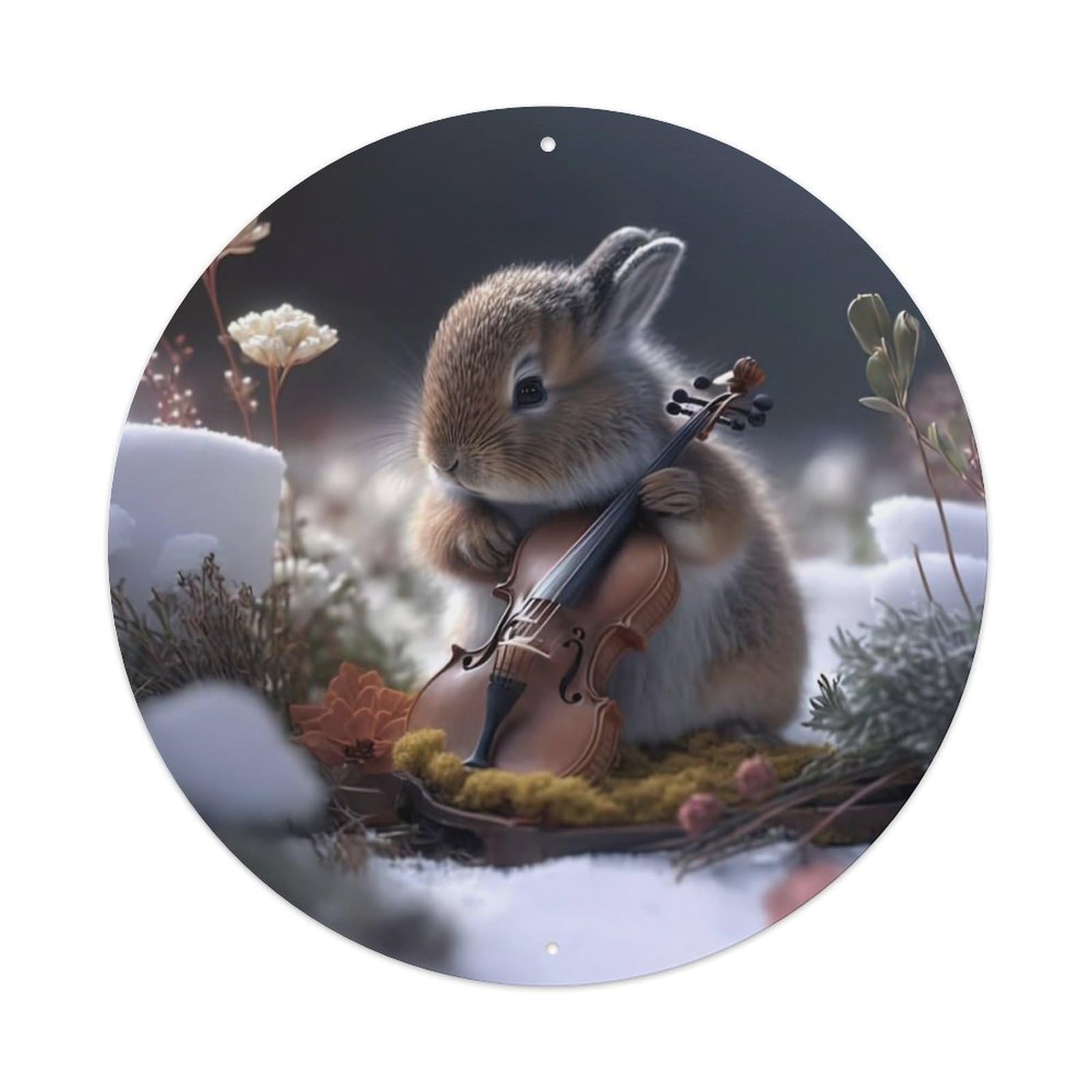 Animal Artwork Rabbit Playing Music in The Snow Vintage Metal Tin Sign Plaque Wall Decor for Cafe, Club Bar, Office, Garden Metal Poster 8x8Inch