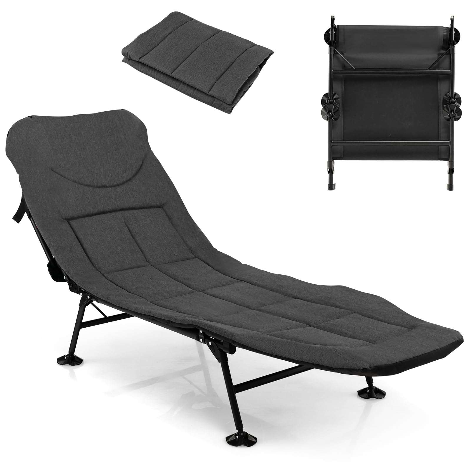 KOMFOTTEU Lettino da Campeggio Pieghevole, Schienale Regolabile in 6 Livelli, Brandina con Materasso Rimovibile, Letto Portatile con Piedini Girevole a 360°, per Spiaggia, Carico 200 kg (Grigio)