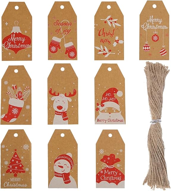 HAKACC Christmas Paper Tags,100PCS Kraft Paper Tags with StringHanging Gift Tags for Christmas TreeDIY Craft Decoration