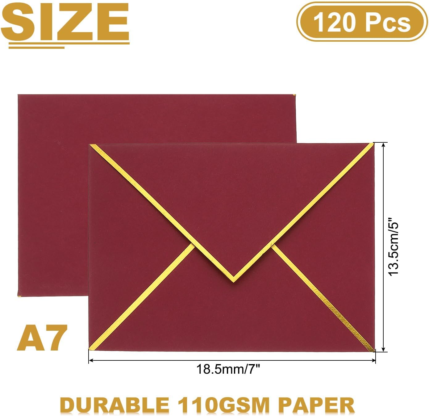 PATIKIL 120 Pack A7 Envelopes, 5x7 Card V Flap Envelope Small Valentine Envelopes Self Seal with Gold Border for Office Wedding Card Invitations Graduation Party Gift, Burgundy