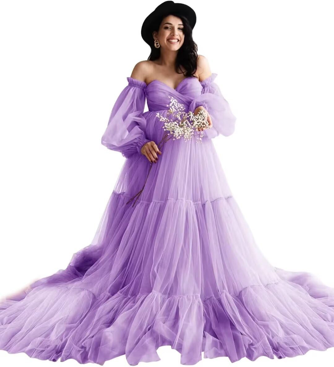 SUOLUOS Puffy Sleeve Maternity Dress for Photoshoot Off Shoulder Tulle Robes Bridal Lingerie Baby Shower Pregnancy Gowns