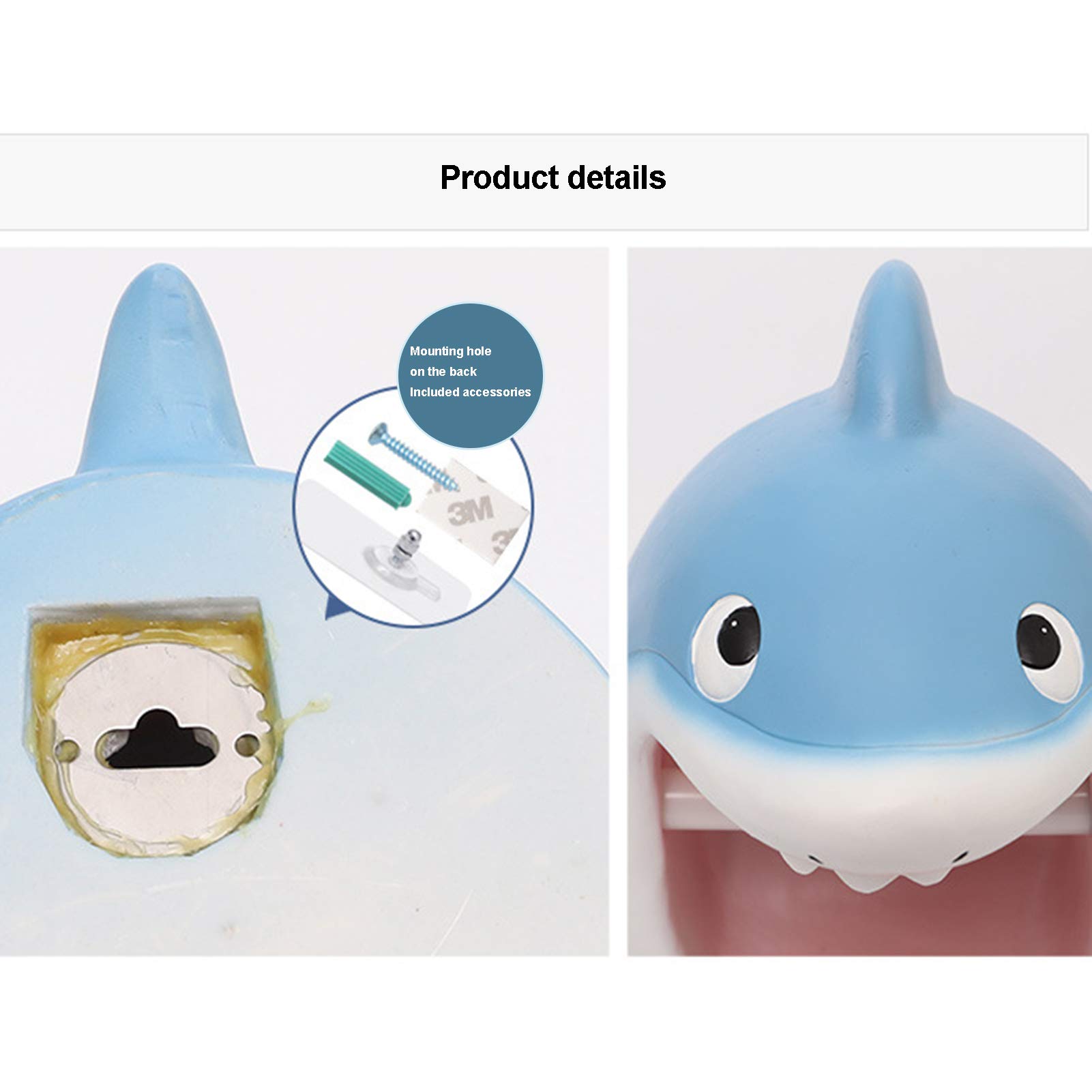 LIU- Titular del Papel Higiénico Dispensador De Papel De Rollo De Pared De Tiburón Azul De Dibujos Animados para Baño, Lavabo De Cocina, Material De Resina, Sin Perforación