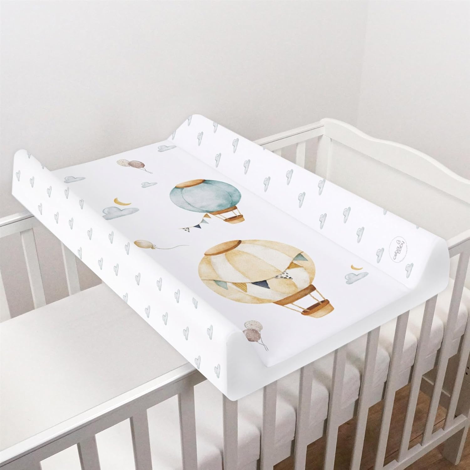 Baby Hard Base Changing Mat/Top Changer 80x50 cm fits 140x70 cm Cot Bed Unisex Wedge Anti Roll Nappy Newborn Baby Waterproof Changing Mat with Raised Edges (Balloons)
