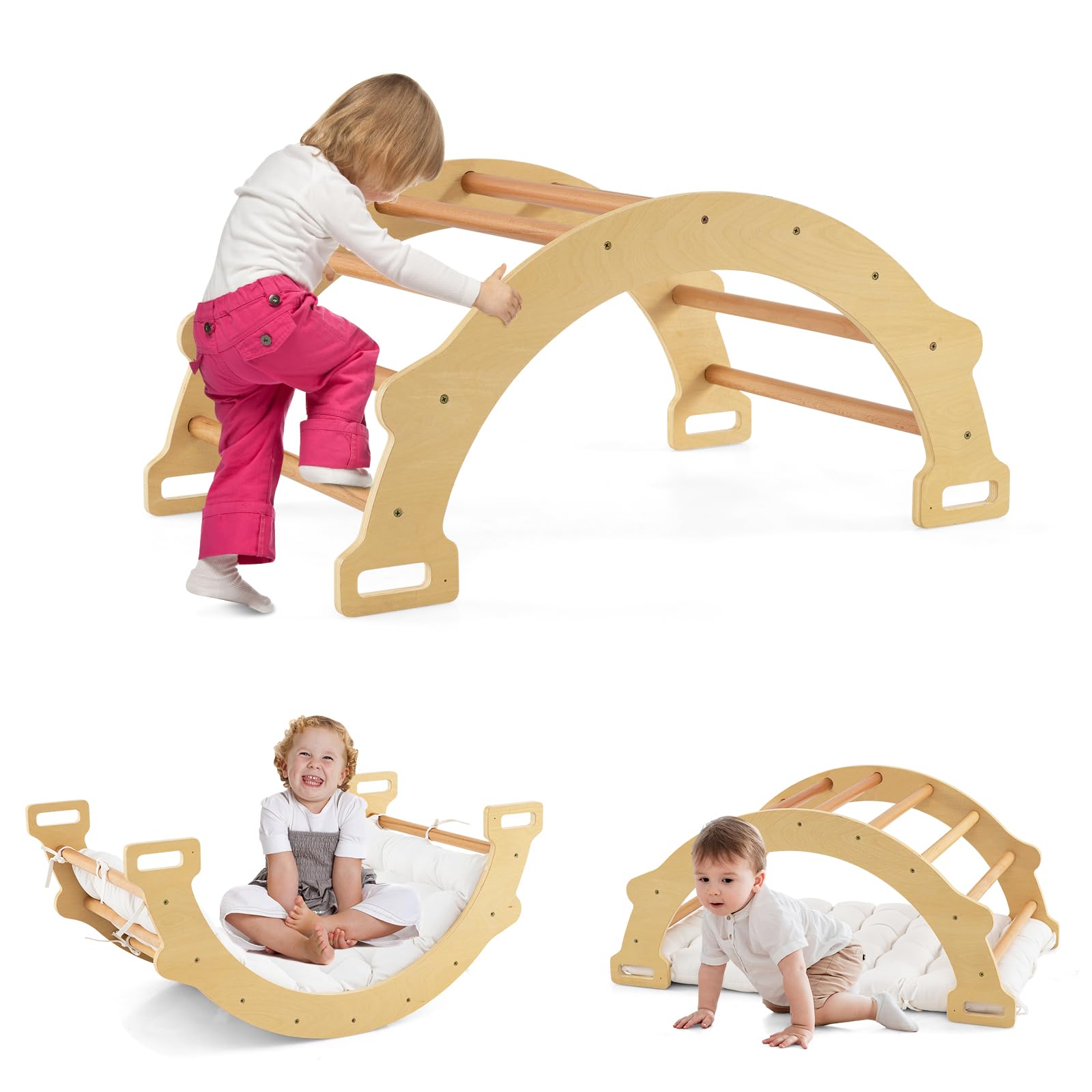 GOPLUS 3 en 1 Triángulo de Escalada para Niños, Arco de Escalada de Doble Cara con Cojín, Arco Montessori con Asideros Convenientes y Diseño Antivolteo, Carga 50KG, para Niños de 1+ Años (Natural)