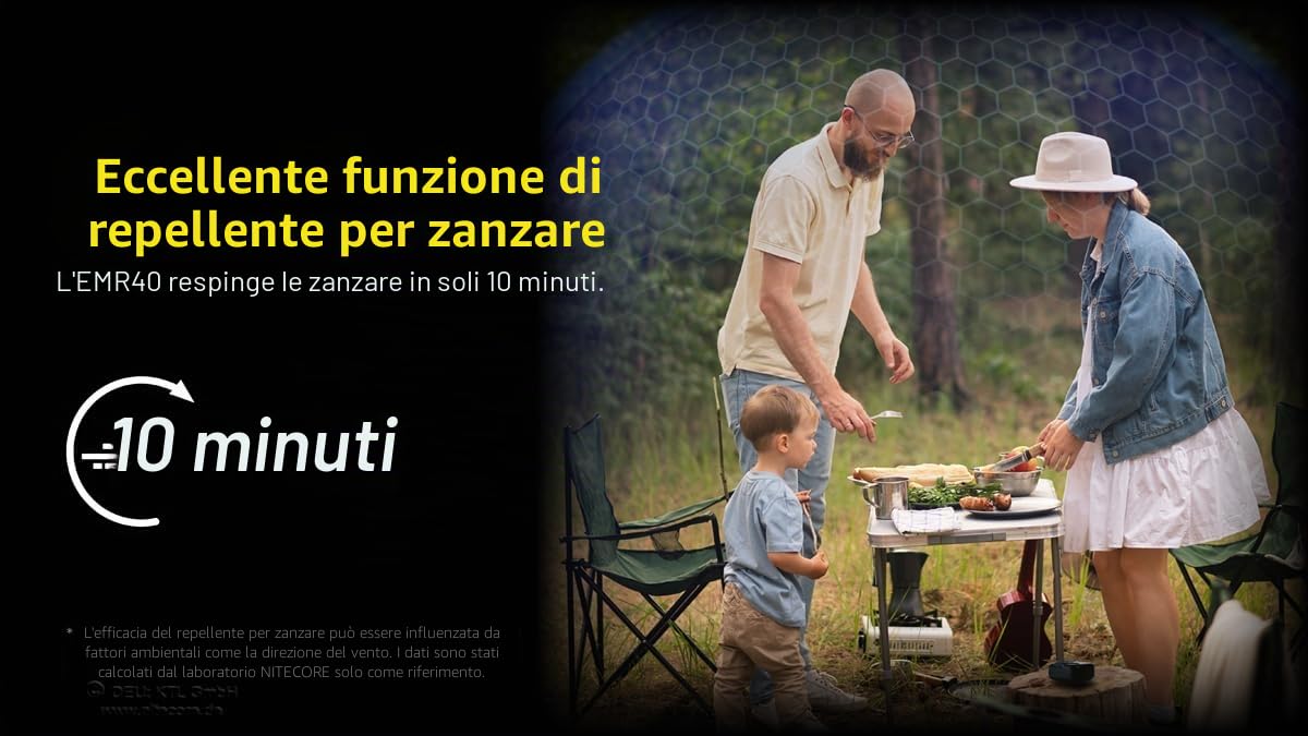 Nitecore Repellente per zanzare NC-EMR40, dispositivo anti-zanzare con batteria integrata, repellente per campeggio con piastrine, grigio