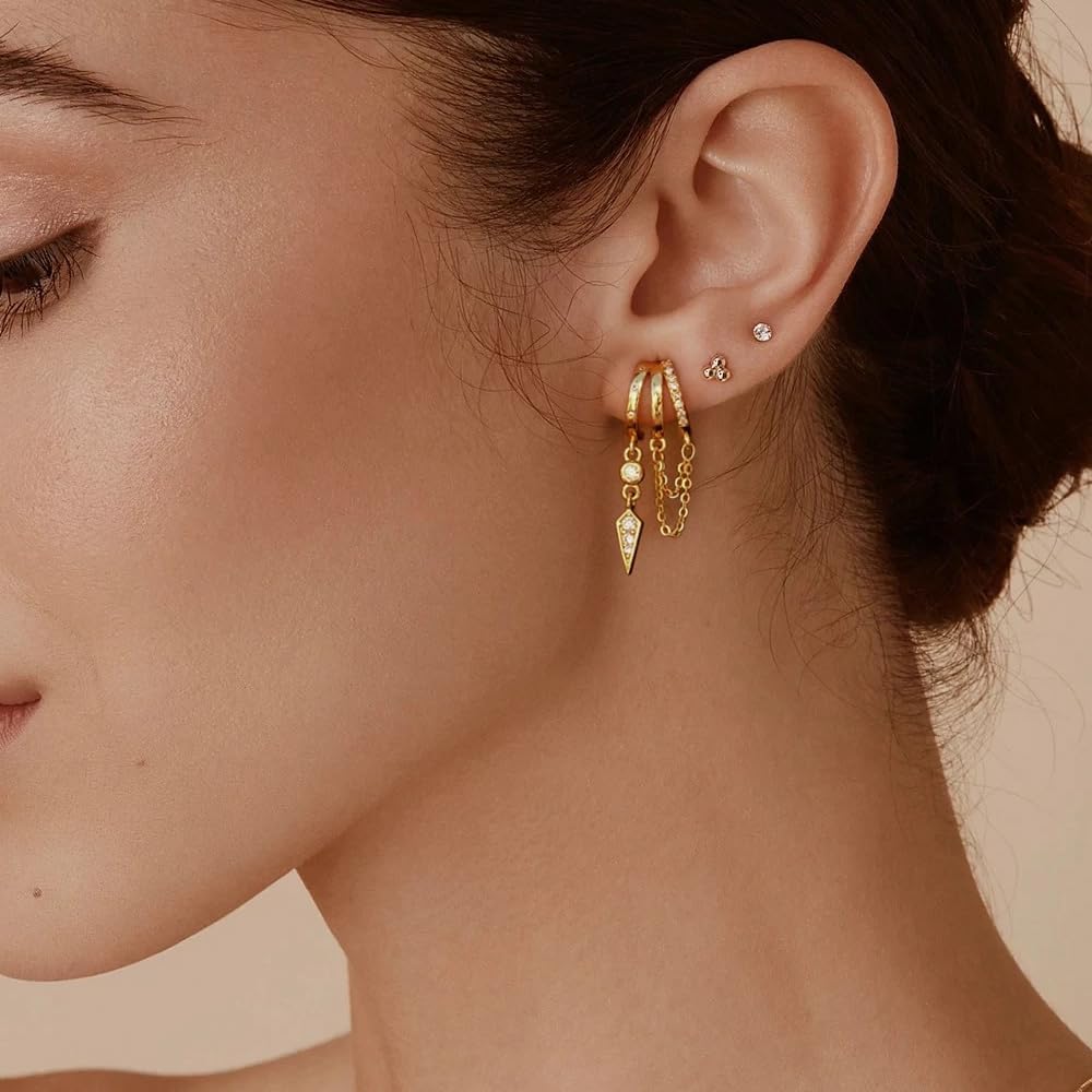 3 Pairs Gold Silver Earrings for Women,14k Gold Plated Huggie Small Hoops Earrings Cute Statement Chain Earring Dainty Drop Earrings for Women Trendy Jewelry - Image 2