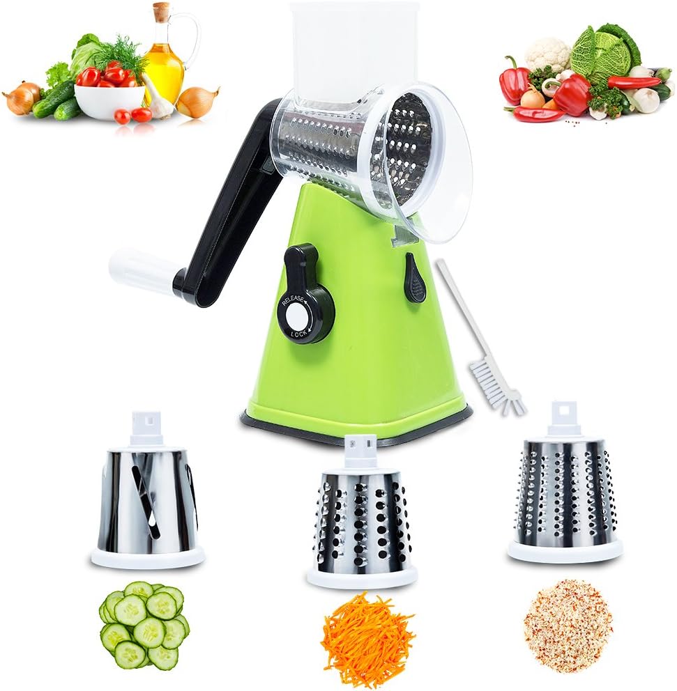 Mandoline Vegetable Slicer Chopper Cutter Grater Manual Hand 3-in-1 (Julienne Slicing Grinding) by Sanquility with Strong-Hold Suction Cup and Brush Green