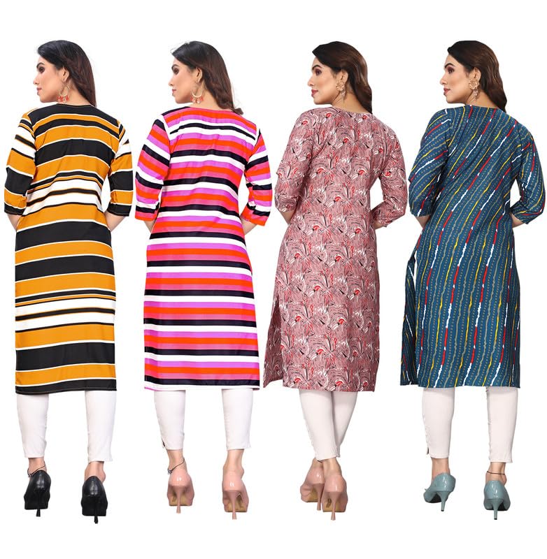 Image of JAKHANA Women's Crepe Printed Casual Straight Calf Length Round Nick Kurta Pack of 4