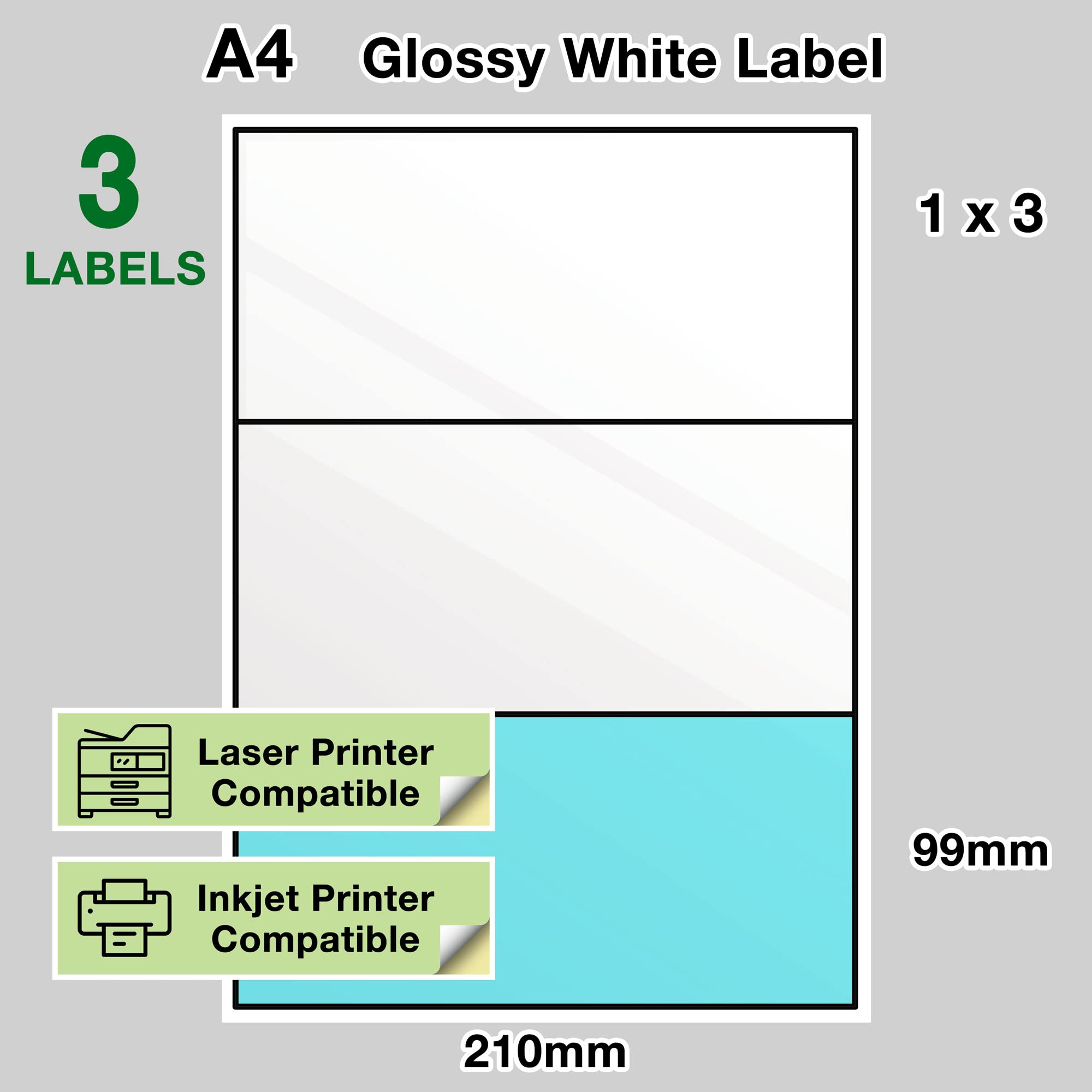 Evergreen Goods - Etichette pretagliate bianche lucide con retro adesivo per spedizione, carta da stampa autoadesiva resistente | Stampabile a getto d'inchiostro e laser, 1 x 3, 3 per A4: 900