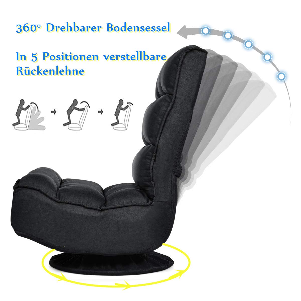 RELAX4LIFE Bodenstuhl mit 360° drehbarem Sockel, Bodensessel mit 5 winkelverstellbarer Rückenlehne 90°-135°, klappbarer Relaxsessel, bis 120kg belastbar, Lazy Sofa für Wohnzimmer und Büro (Schwarz)
