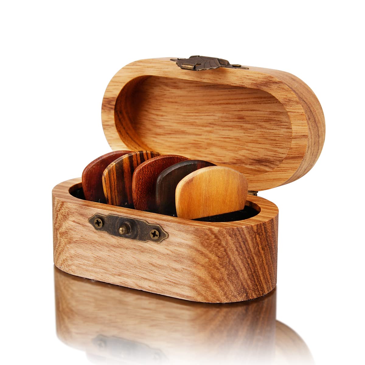 FNRLIA Natural Wood Guitar pick 5 Pieces In A Box, Folk Acoustic Guitar SolidWood Picks,Electric Guitar Peripheral Gifts Guitar Pick Display Box Storage Box, Grooved Non-Slip, Thickness 2.5mm