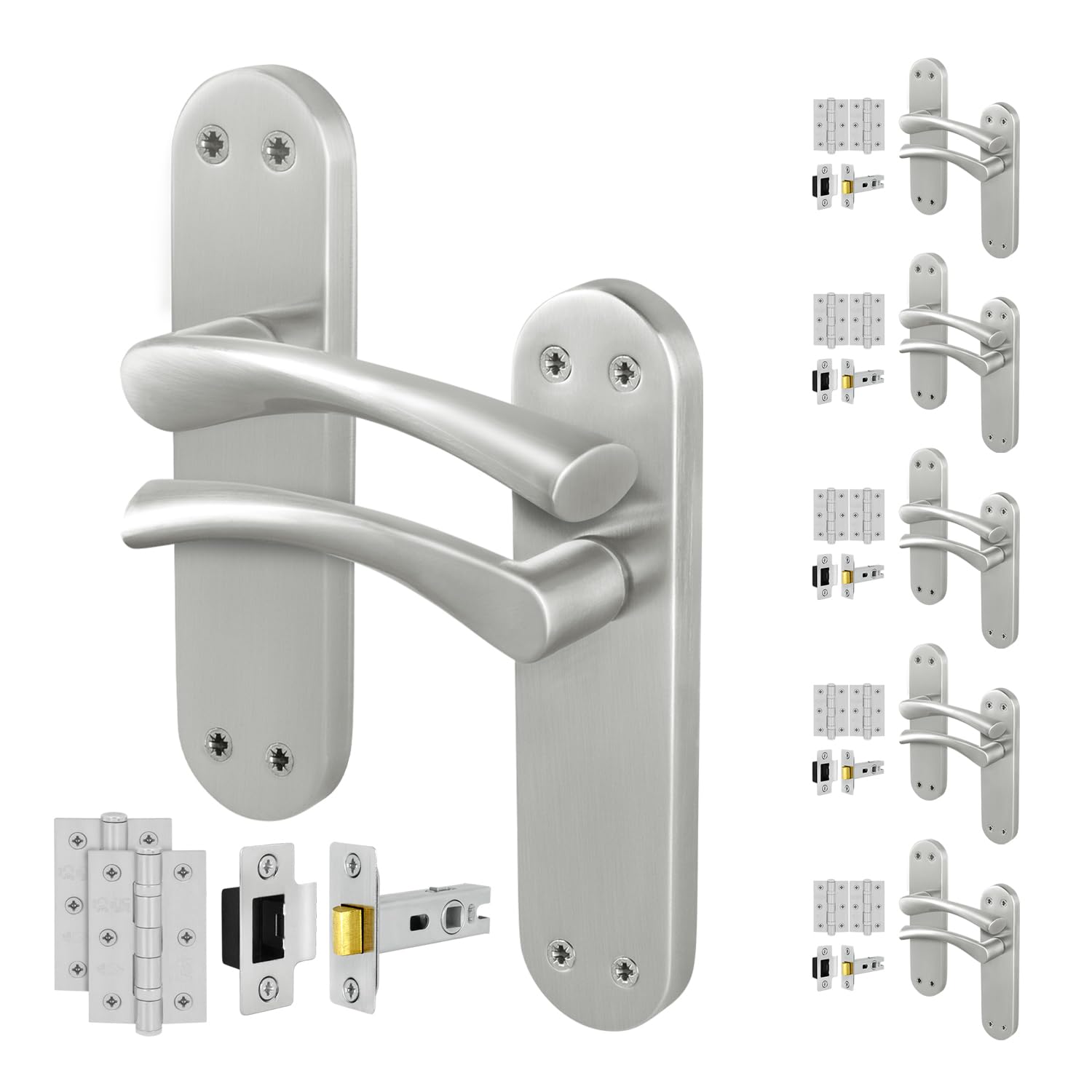 EAI Satin Door Handle Latch Set, 6 Pair Satin Nickel Internal T-Bar Handles, Hinges 76mm Latches 64mm - Novoli