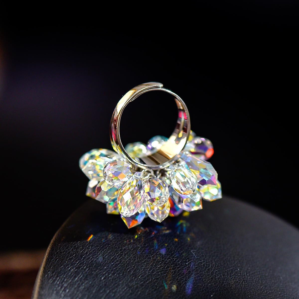 Handcraft Multicolor Ring Adjustable 925 Sterling Silver with Austrian Raindrop Crystals Stunning Jewelry Piece for Women ladies gift