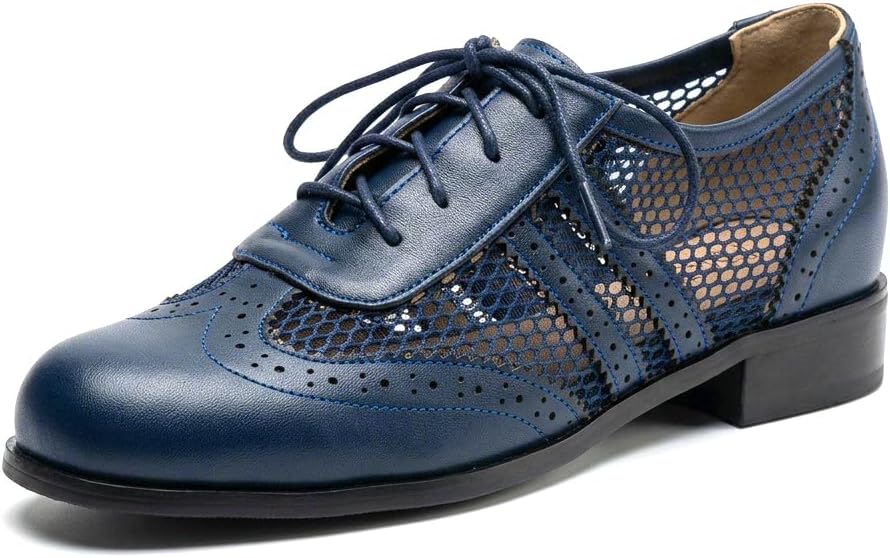 Women's Vintage Saddle Shoes 50s Mesh Brogue Oxfords Low Heel Wingtip Shoes | Chunky Heel, Lace up,Breathable,1950s Dress Shoes, Outdoor Footwear