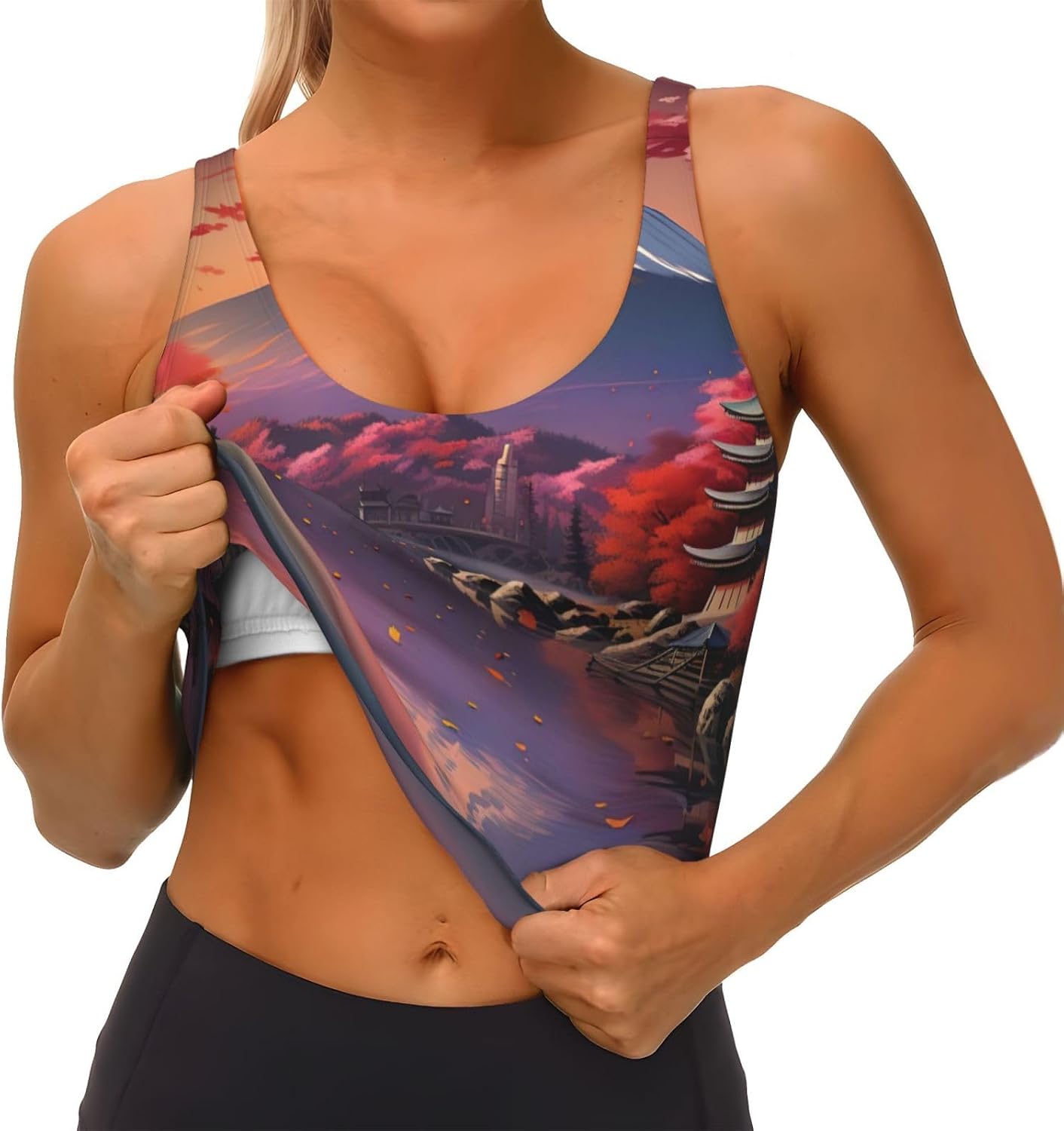Japan Mount Fuji Landscape Print Women's Sports Bra Tank Tops,Longline Sports Bras for Yoga,Workout and Running