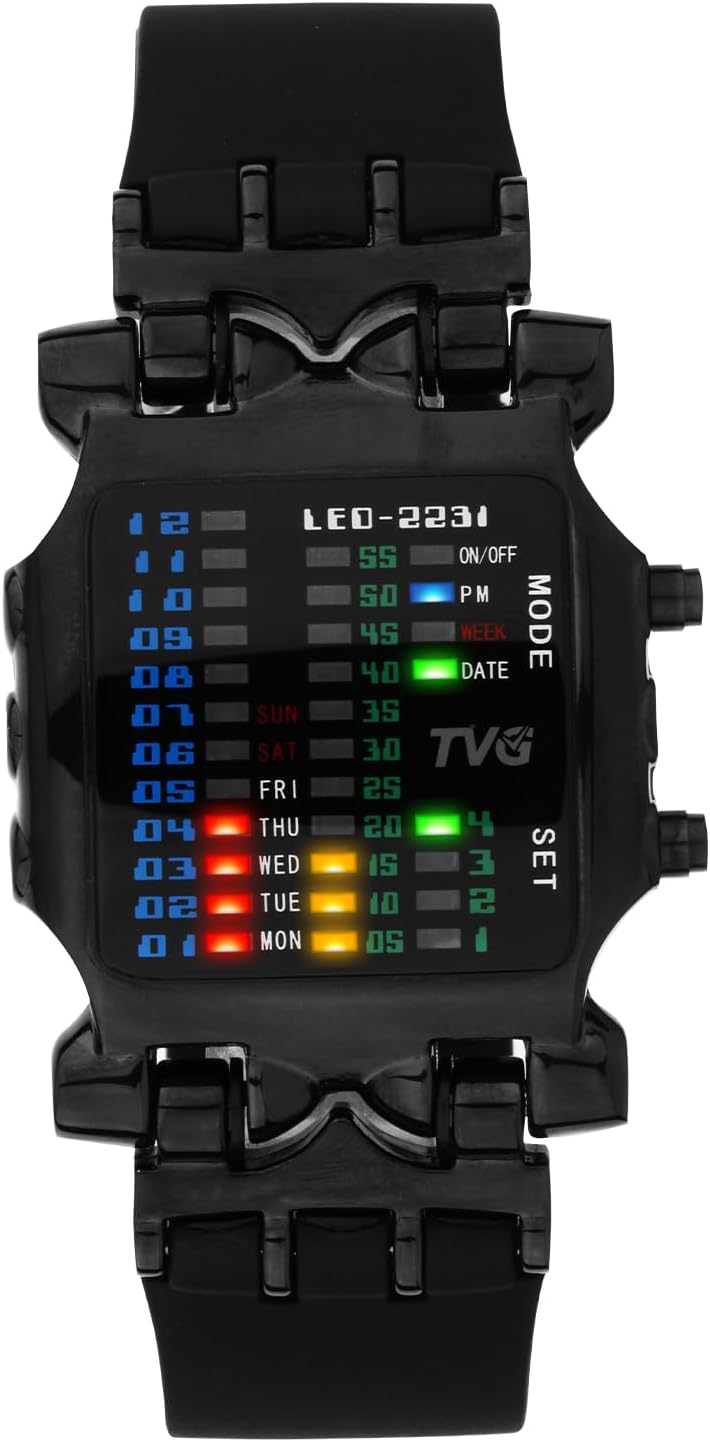 Men's Military Watches,Sports Waterproof Watch with Creative Binary RGB Led Light Display,Stainless Steel Waterproof Watches