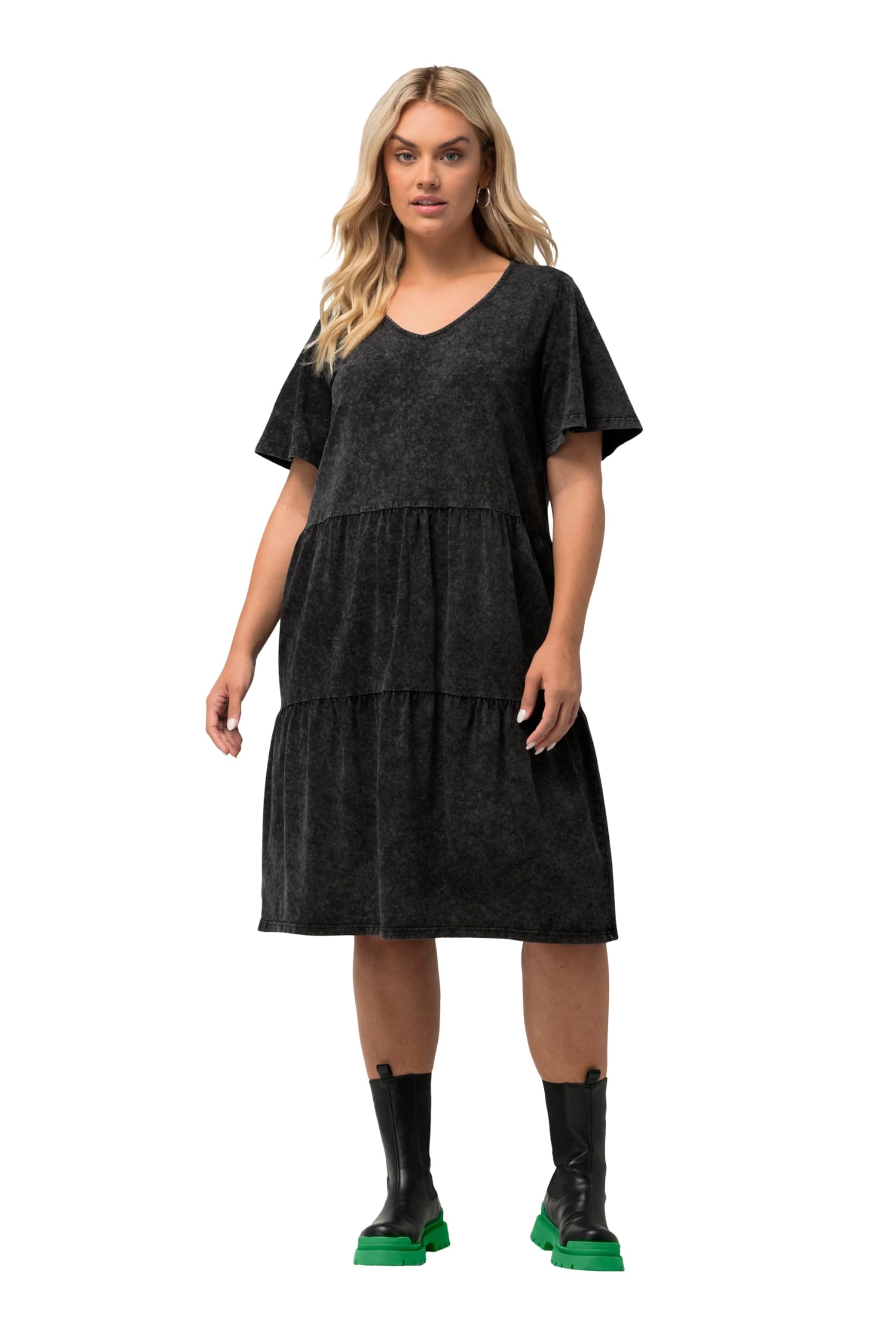 Ulla Popken Women's Jersey Dress Denim Look A-line V Neck Half Sleeve Dress