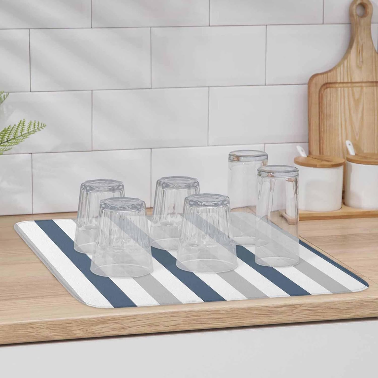 Dish Drying Mat Set of 2 Haze Blue Gray Stripes Microfiber Absorbent Reusable Washable Dish Drying Rack Mat Simple Contrast Coffee Mat for Coffee Maker Bar Kitchen Countertops 16x18inch
