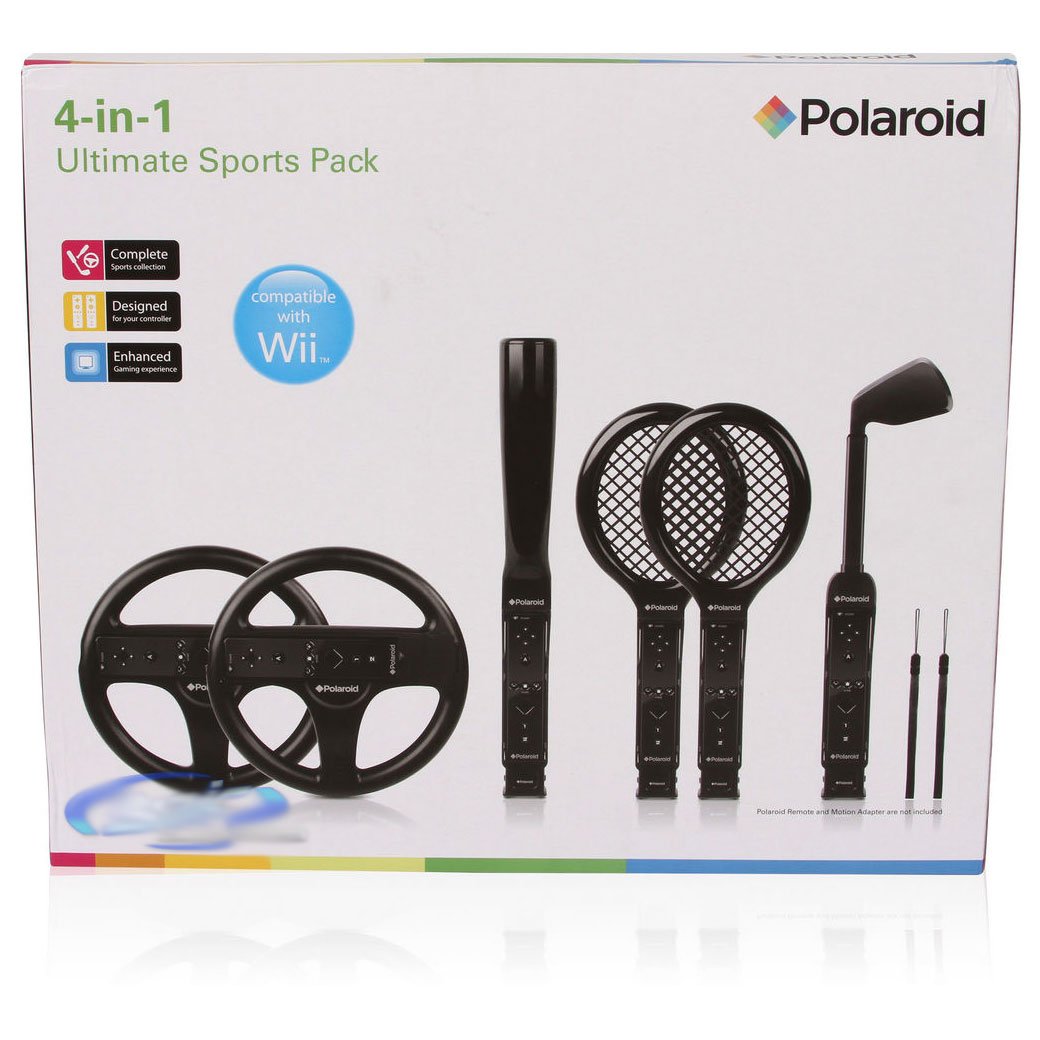 Polaroid 6 Piece Ultimate Sports Pack for Nintendo Wii, w/ Tennis Rackets, Baseball Bat, Golf Club and Remote Cradles, Black