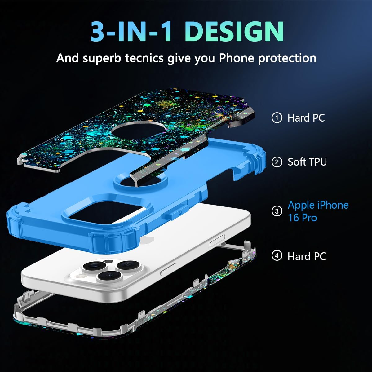  for iPhone 16 Pro Case,Glow in The Dark Three Layer Heavy Duty Shockproof Protection Hard Plastic Bumper+Soft Silicone Case for iPhone 16 Pro,Dark Blue Starry thumbnail