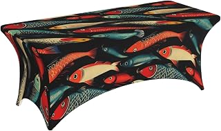 Table Cloths for 6 Foot Rectangle Tables - Fish Hook Print Elastic Tablecloths Rectangular, Stretch Spandex Table Cover Fitted Tablecloth for Party, Events, Wedding and Banquet