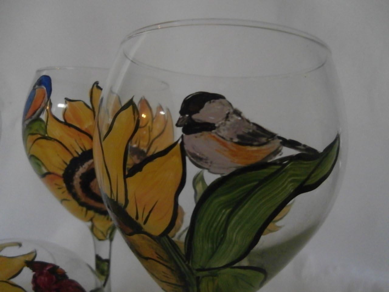 Hand painted sunflower/bird 20 ounce goblets, Usa, set/4. 20 ounce