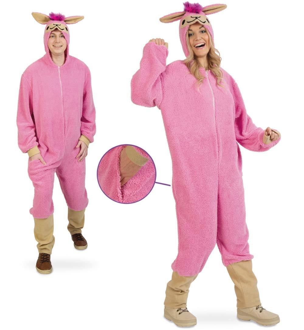 KarnevalsTeufel.de Kostüm Lama für Erwachsene lustiges Tierkostüm in pink Plüsch-Overall mit Kapuze