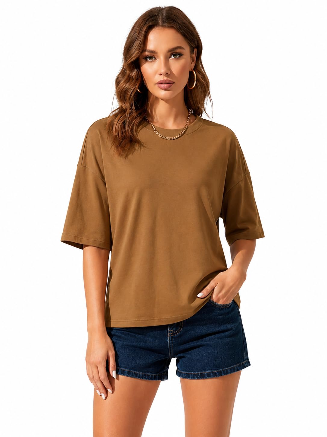 Women's Oversized Solid Brown Cotton T-Shirt | Round Neck Half Sleeve | Relaxed Fit | Casual Streetwear Tee-picture-37