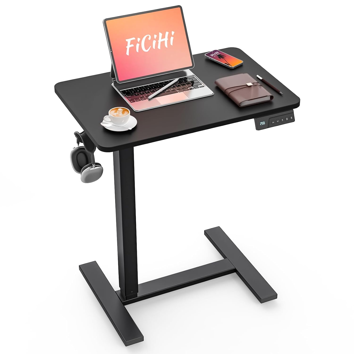 FiCiHi Small Electric Standing Desk - Adjustable Height Bedside Laptop Table with Wheels Mobile Portable Rolling Computer Workstation