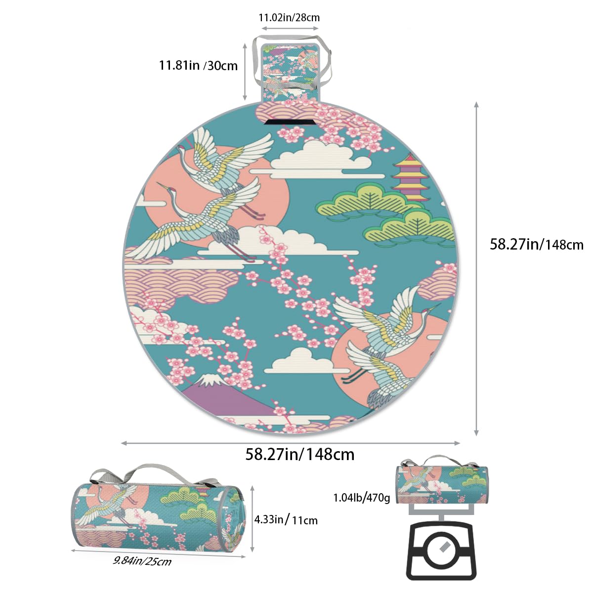 Shimoshe Crane Japanese Pattern Picnic Outdoor Blanket Foldable Waterproof Sandproof Beach Blanket Portable Water-Resistant Round Picnic Mat for Travel Camping Park Lawn