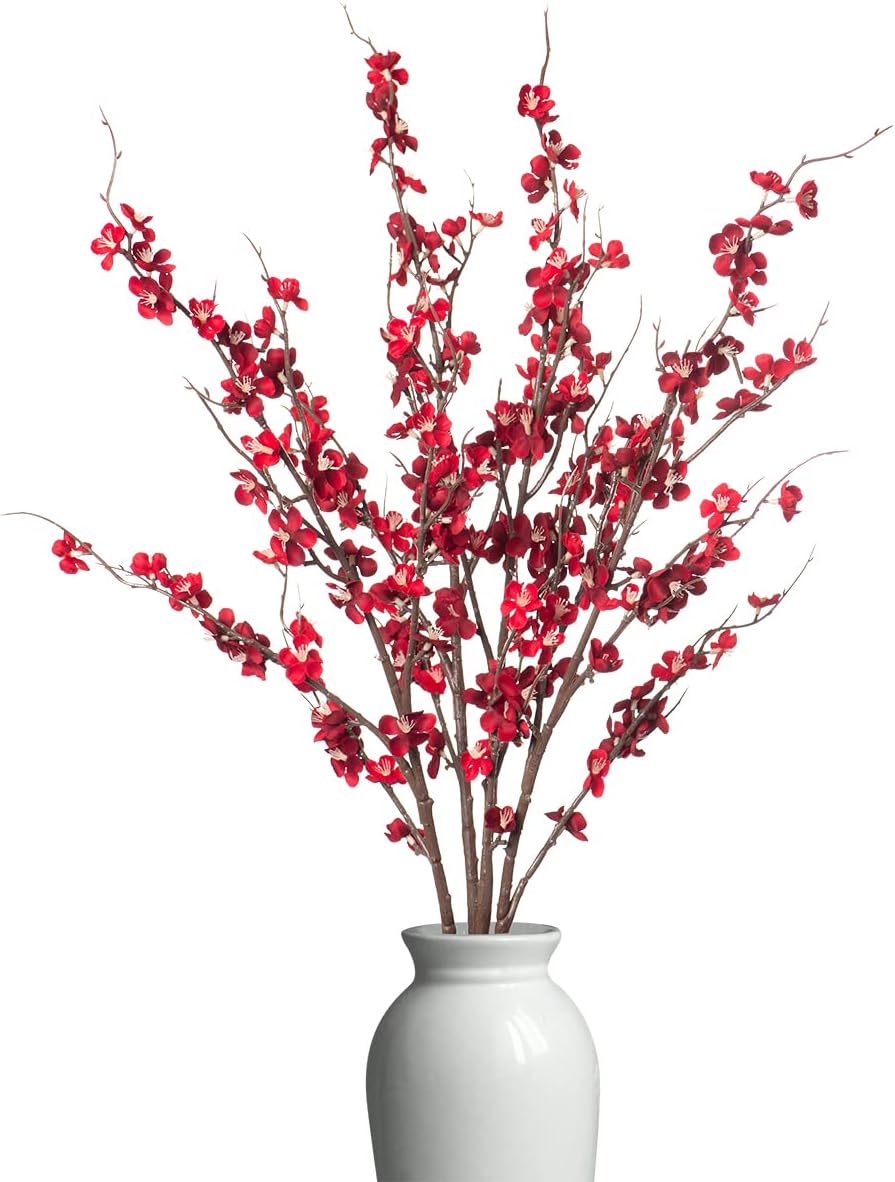Ammyoo 4Pcs Cherry Blossom Branches Artificial Flowers for Spring Summer Indoor Decoration,Faux Long Stem Artificial Flowers for Wedding Home Office Bedroom Party Table Centerpieces Decor(Red)