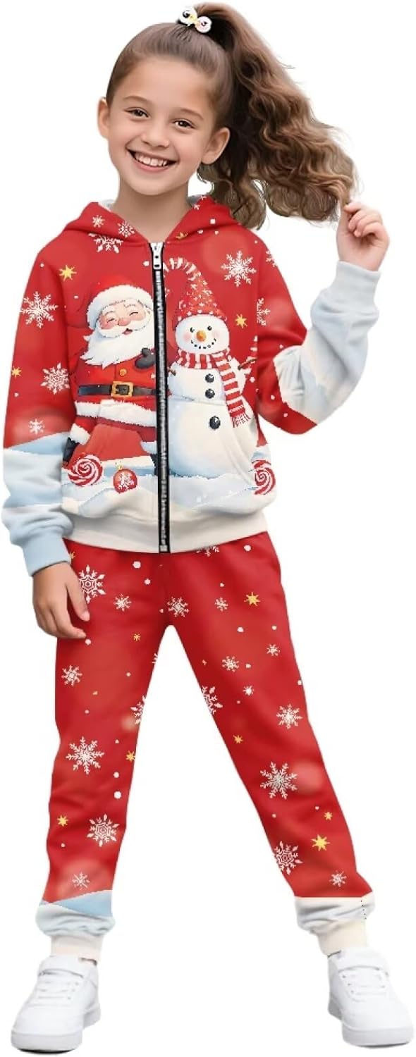 WELLFLYHOM Christmas Girls Hoodies Tracksuit 6-15 Long Sleeve Zipper Sweatshirts Jogger Pant 2 PCS Graphic Sweatsuit