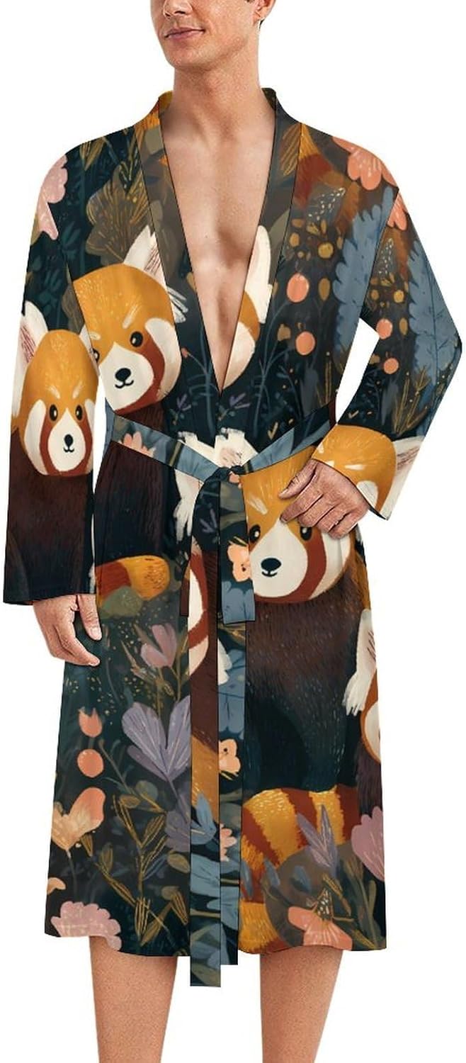 Red Pandas Fairy Forests Casual Robes Bathrobe Knee Length V-neck Loungewear Sleepwear