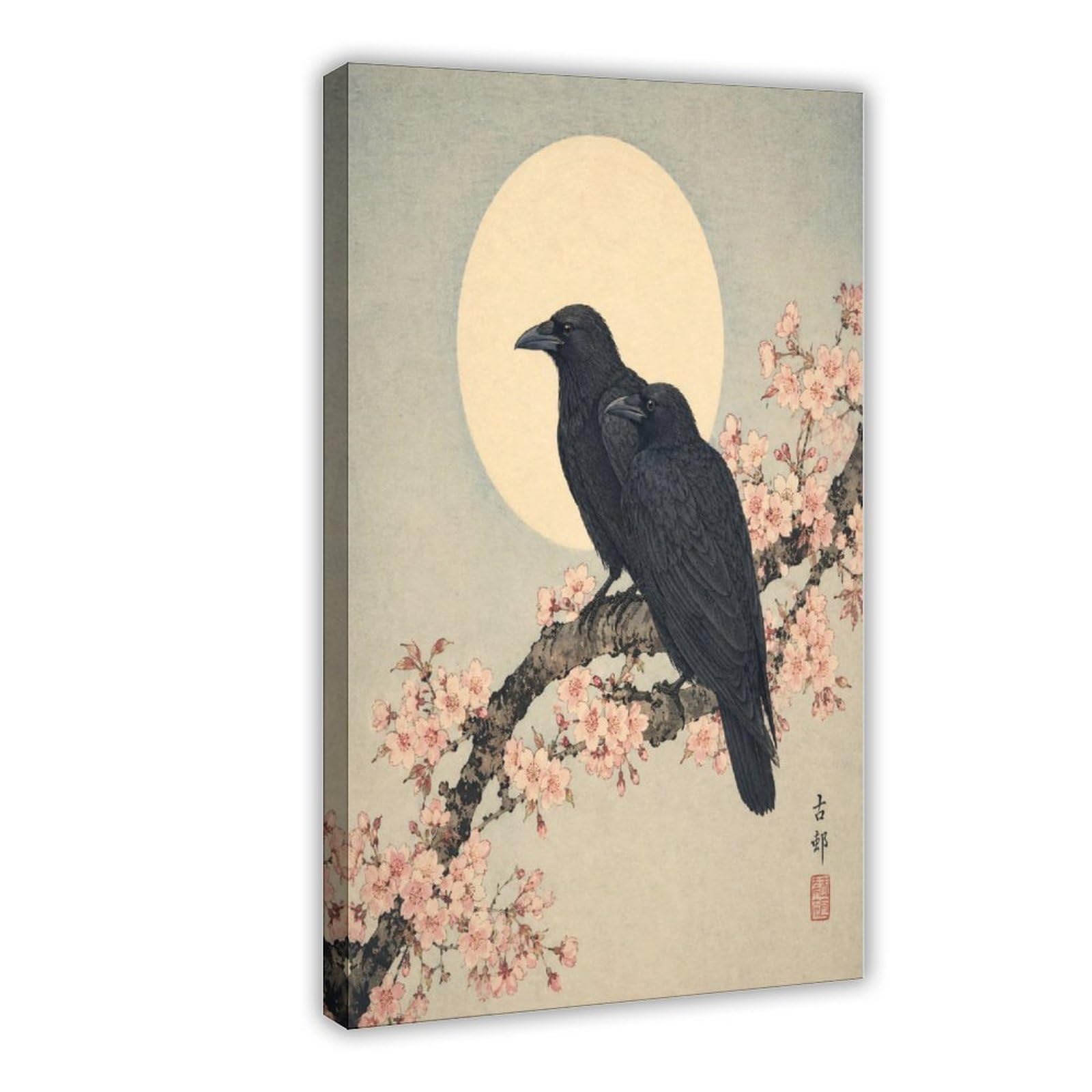 W7c8u2x3 Frame-Style-15 Raven Silhouette Moon Canvas Wall Art, Moonlit Stage