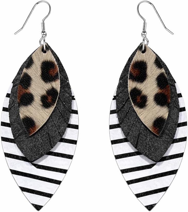 Leather Teardrop Dangle Earrings for Women – Lightweight Vintage Brown and Silver Wire Drop Hook Earrings, Boho Western Rustic Statement Jewelry Gift