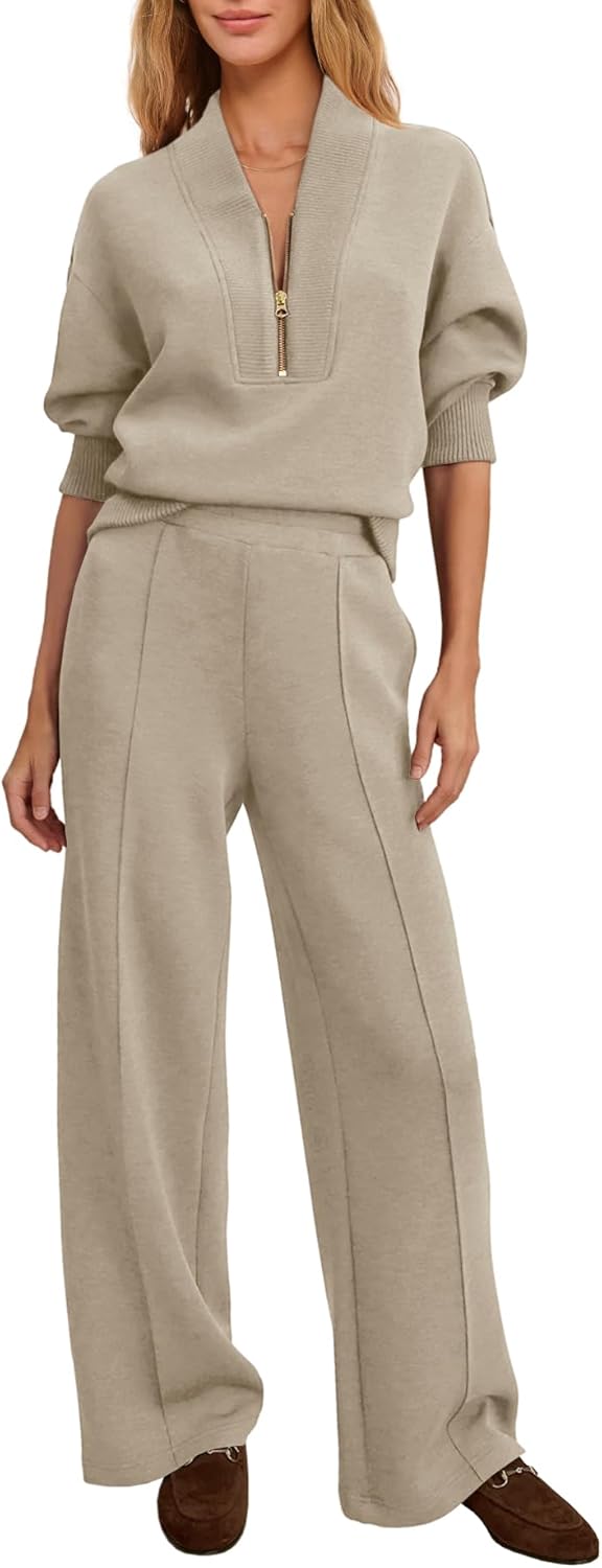 Yanekop Womens Sweatsuits 2 Piece Outfit Two Piece Lounge Set Matching Sweat Sets Half Zip Pullover and Wide Leg Pants