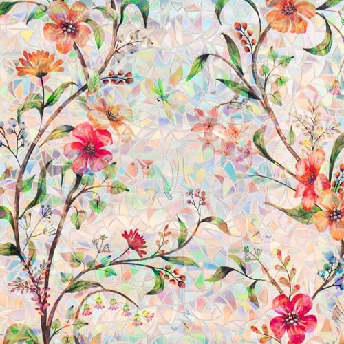 Stained Glass Window Film Static Cling Door Privacy Film Decorative Flowers Green Leaves Window Decals Stickers Heat Control Anti UV for Home and Office,17.5 inches by 78.7 inches