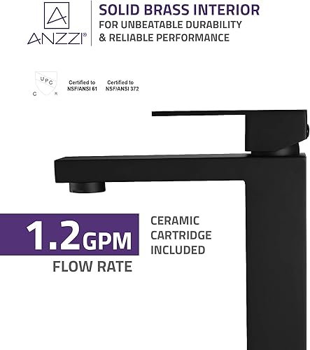 Miniatura 3 de ANZZI Enti solo agujero y sola manija grifo del fregadero del baño en negro mate  CUPC montado en cubierta un agujero sin plomo latón sólido grifo